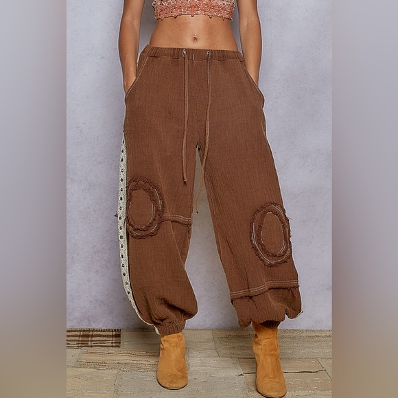 NWT POL Textured Gauze Knee Patch Drawstring Studded Crochet Joggers Pants Brown - Picture 1 of 7